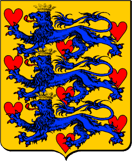 D'or semé de cœurs de gueules, à trois lions passants d'azur couronnés et armés du champ lampassés de gueules l'un sur l'autre